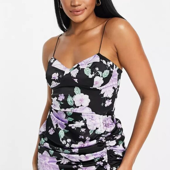 ASOS Floral Ruched Satin Midi Dress - Picture 2 of 4